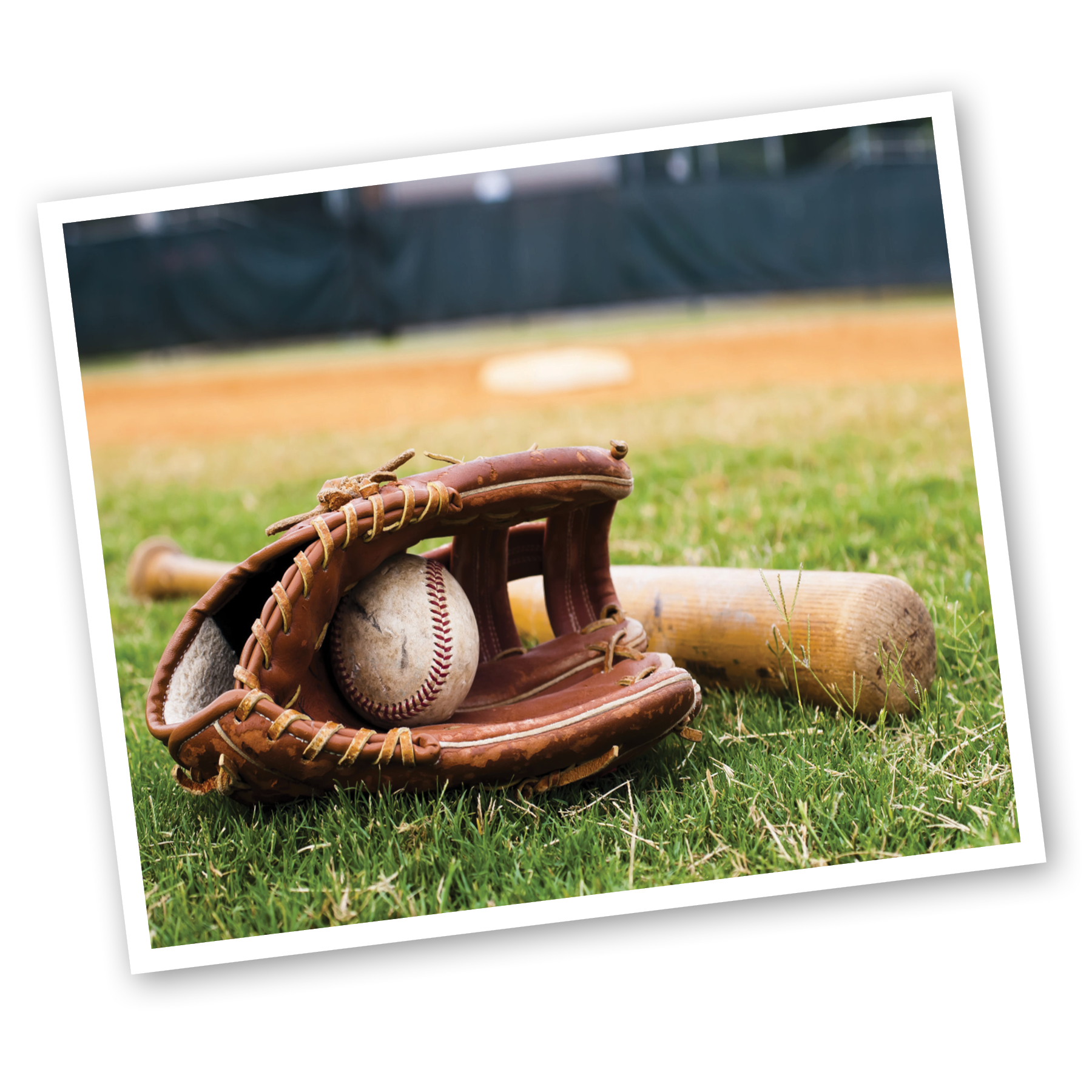 baseball mitt with bat and ball on field